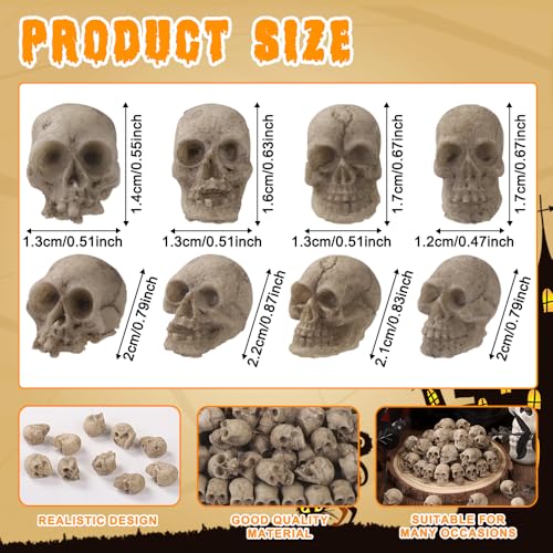 Vellibring 50pcs Halloween Mini Skull Decoration,Miniature Realistic Resin Skeleton Head Halloween Skull Heads Figurine for Vase Filler Trick Toy Party Table Decor