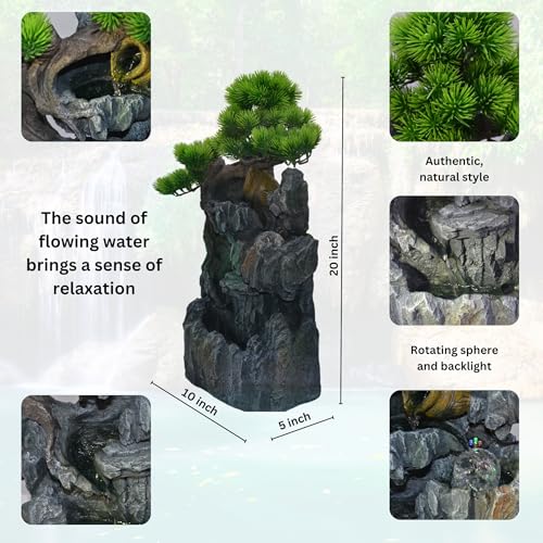 20-Inch Tabletop Water Fountain with Bonsai Tree, Cascading Waterfall, Spinning Crystal Ball, and LED Lighting – Indoor Zen Decorative Fountain with USB Connection for Home or Office