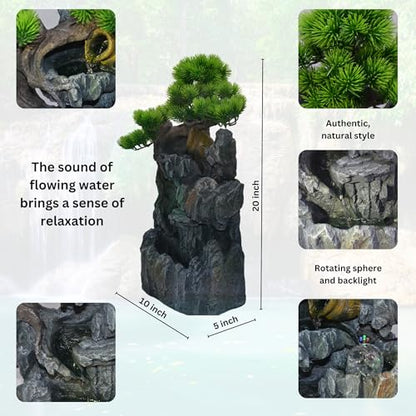 20-Inch Tabletop Water Fountain with Bonsai Tree, Cascading Waterfall, Spinning Crystal Ball, and LED Lighting – Indoor Zen Decorative Fountain with USB Connection for Home or Office