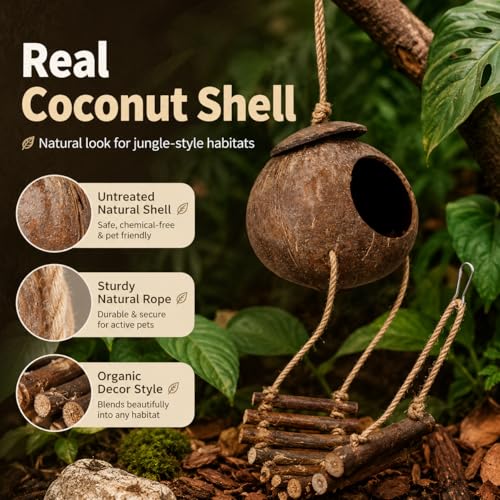 IMIKEYA Reptile Hide Coconut Cave, Natural Hanging Shell Hut with Rope Ladder for Crested and Leopard Gecko, Lizard Tank Hideout Decor for Small Reptiles and Hermit Crabs