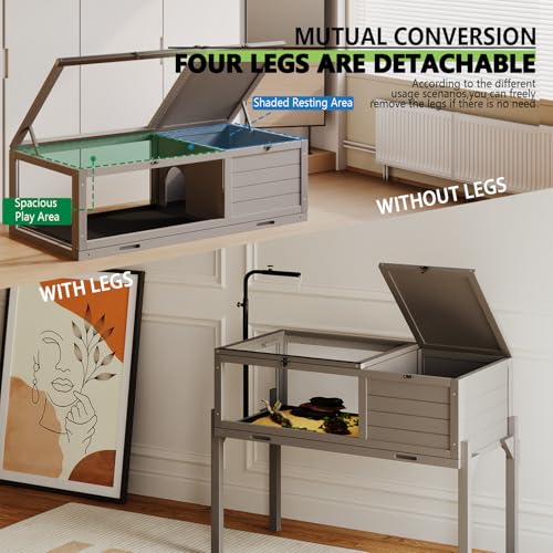 PRETZI Tortoise Habitat with Lamp Holder, Turtle Enclosure Indoor/Outdoor, Wooden House for Small Animals, Reptile Terrarium Table with Detachable Legs