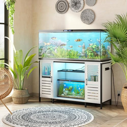 BREEZEHEAT 75 Gallon Fish Tank Stand with Power Outlet, LED Light, 1250lbs Capacity, 55-75 Gallon Heavy Duty Metal Aquarium Stand with Cabinet, Terrarium stand Suitable for Turtle & Reptile Tank, White