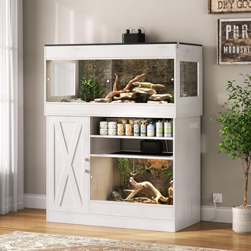 Dual Reptile Enclosure with Stand for Multiple Pets,120 Gallon Reptile Tank & 60 Gallon Reptile Terrarium with Cabinet,Sliding Doors,Power Outlet for Snakes,Lizards,Geckos White CAGE004E - color: Vintage White