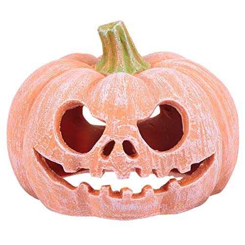 POPETPOP Pumpkin Shaped Resin Reptile Hideout Aquarium Decor Small Pet Hide Cave 3.93 Inch Halloween Habitat for Lizards and Shrimp