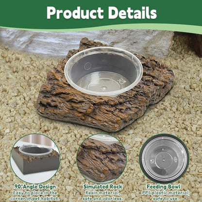 PINVNBY Gecko Feeder Bowl Resin Rock Reptile Water Dish with Feeding Cups Gecko Reptile Terrarium Tank Accessories for Bearded Dragons Leopard Lizard Snake Chameleon