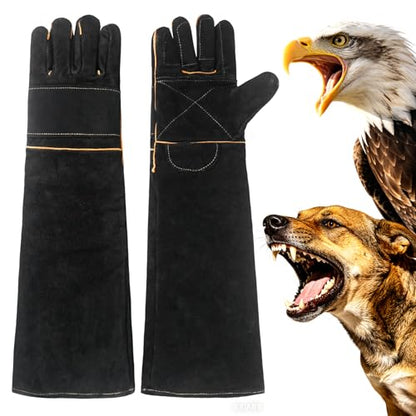 Luwint Bite Resistant Gloves, 23.5’’L Double Leather Animal Handling Gauntlets with Reinforced Fingers, for Dog Training Snake Hunting Falconry Reptile Vet, Black