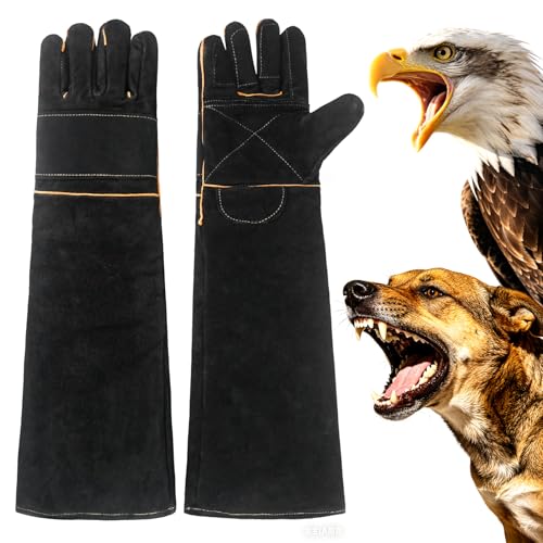 Luwint Bite Resistant Gloves, 23.5’’L Double Leather Animal Handling Gauntlets with Reinforced Fingers, for Dog Training Snake Hunting Falconry Reptile Vet, Black