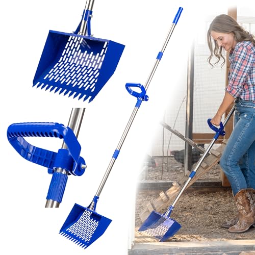Chicken Poop Scooper with Adjustable Handle – Heavy Duty Metal Chicken Coop Cleaner, Wide Sifting Scoop with Built-in Rake & Hook for Sand, Bedding & Manure