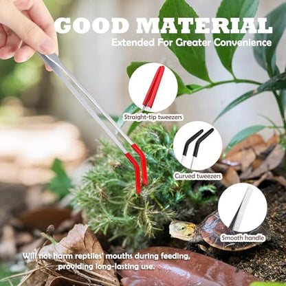 2 Pieces Stainless Steel 10.6" Reptile Feeding Tongs, Straight & Curved Long Tweezers for Aquarium with Silicone Tips, Lizard Feeding Tweezers Terrarium Feeder for Bearded Dragons