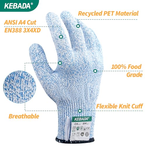 Kebada Cut Resistant Gloves, 100% Food Grade Cutting Gloves, ANSI A4 Level 5 Protection Anti Cut, Glass-Free and Steel-Free, Model C4, 6 Pairs, Medium - color: Blue(6 Pairs), size: 8/Medium
