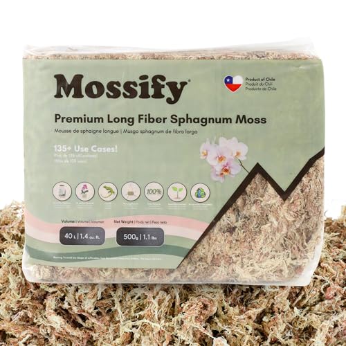 Mossify Premium Sphagnum Moss for Plants 500g, 1.1 lbs – Long Fiber Moss for Plants Indoor, Orchids, Terrariums, Gardening, Reptiles – Moisture Plant Moss for Propagation, Soil & Habitat Bedding - size: 500g (1.1 lbs)