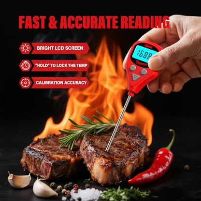 AWLKIM Digital Meat Thermometer with Dual Probes, Wine Red - Instant Read Food Thermometer with 1m Leave-in Probe, Alarm, Backlit LCD, IP67 Waterproof & USB-C Rechargeable for Grilling, BBQ, Smoking