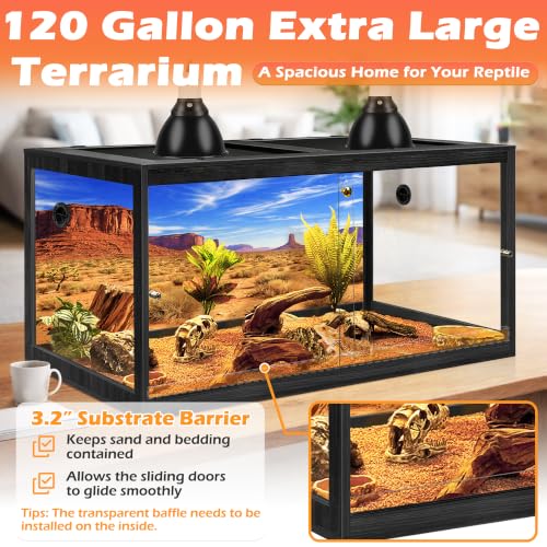 PROLEE 120 Gallon Bearded Dragon Tank, 4x2x2 Reptile Enclosure with Tempered Glass Sliding Doors, Lockable Front Opening and Metal Mesh Top, Large Terrarium for Lizards and Snakes, Black - color: Black