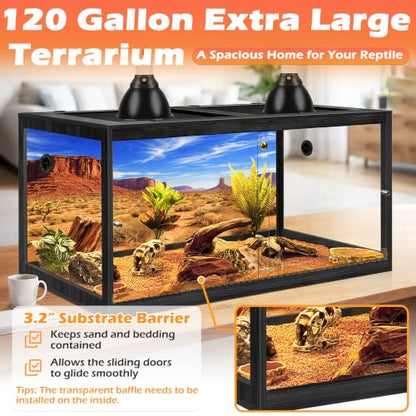 PROLEE 120 Gallon Bearded Dragon Tank, 4x2x2 Reptile Enclosure with Tempered Glass Sliding Doors, Lockable Front Opening and Metal Mesh Top, Large Terrarium for Lizards and Snakes, Black - color: Black
