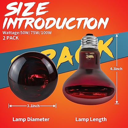 LUCKY HERP Infrared Heat Lamp 100W 2 Pack，Reptile & Amphibian Basking Spot Light Bulbs, Red Heat Lamp Bulbs for Reptiles, Bearded Dragon, Turtle, Lizard, Snake, Chicken - size: 100