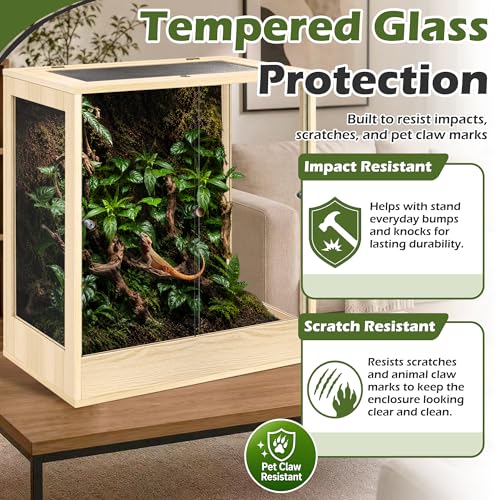 PROLEE 32" x 18" x 36" Tall Reptile Terrarium, 90 Gallon Glass Chameleon Cage, Vertical Crested Gecko Tank with Ventilated Mesh Top, Front Opening Rainforest Habitat, Oak - color: Oak, size: 32" L x 18" W x 36" H, 90 Gallon