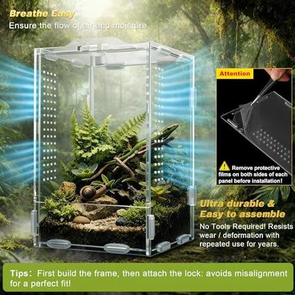 2 Pack Jumping Spider Enclosure Kit Acrylic Reptile Terrariums with Locking Latch, All Side Ventilation, Praying Mantis Habitat, Frog Bug Enclosure, 4.3x4.7x7.87 Inch with Feeding Monitoring Tool