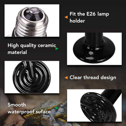 Simple Deluxe Ceramic Heat Emitter 150W Reptile Heat Lamp Bulb No Light Emitting Brooder Coop Heater for Amphibian Pet Snake Turtle & Incubating Chicken, No Harm, Color Black, 2 Pack - size: 150W *2, style: D-85mm