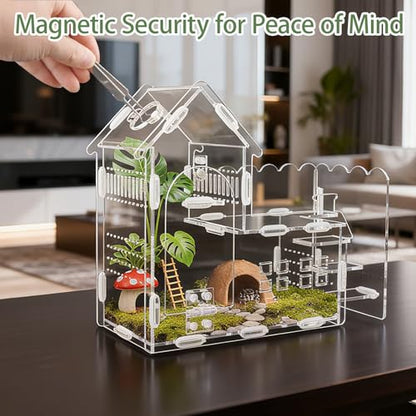 Magnetic Acrylic Terrarium for Jumping Spiders & Small Pets – Easy-Access Front Opening, Feeding Hole, Ideal for Reptiles, Tarantulas, Hermit Crabs & More - size: 9.8"x 4.2"x 7.5"