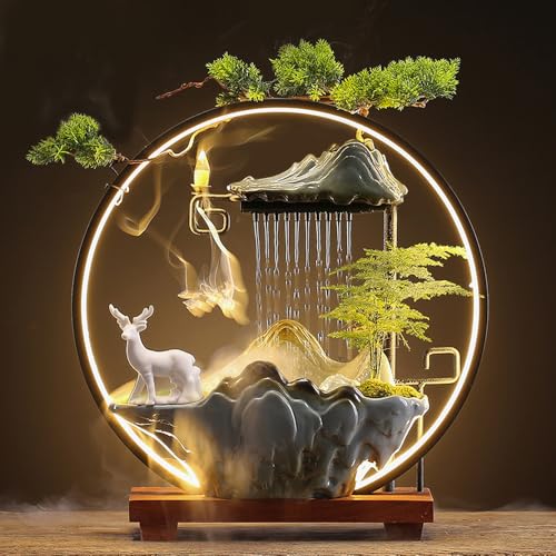 Luxury Feng Shui Zen Tabletop Fountain with Mist and LED Light | Tabletop Water Fountains with Backflow Incense Holder, Indoor Meditation Water Feature for Living Room and Office - color: Deer