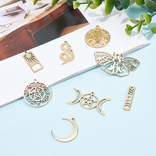 SUNNYCLUE 1 Box 16Pcs 18K Gold Plated Stainess Steel Tarot Style Tree of Life Charms Moon Phase Snake Charm Triple Goddess Moon Ouijas Crescent Hollow Butterfly Charms for Jewelry Making Charm Craft