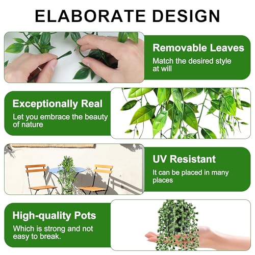 USLAI Artificial Hanging Plants Vine, Fake Potted Greenery Faux Eucalyptus, Mandala, String of Pearls, Pea Pod Leaves in Pot for Office Living Room Bathroom Indoor Outdoor Décor (4 Pack) - size: 4 Pack
