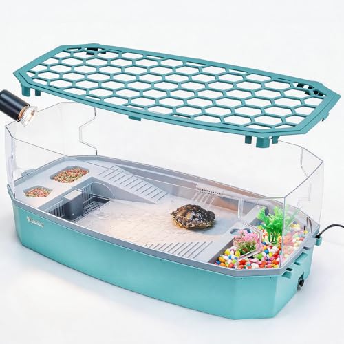 Large Turtle Tank Aquarium Kit with Basking Platform 3-Stage Filter Heating Lamp Anti-Escape Lid Complete Habitat for Aquatic Box Turtles (Green, 25.4×12.2×9.5 Inch) - color: Green, size: 25.4"L x 12.2"W x 9.5"H