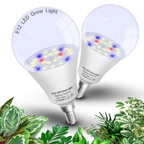 Full Spectrum Small Base E12 Candelabra Plant Grow Light Bulbs,Red Blue Yellow 5000K White Plant Growing Lamp Bulbs 10W with Balanced Spectrum for Indoor Seeds Greens Laboratory,School,Greenhouse,2Pcs - size: E12-2