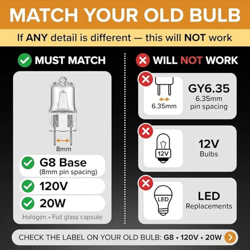 10 Pack-G8 20Watt 120V Halogen Light Bulbs T4 JCD Type 120V Bi-Pin Base Shorter 1-1/4" (1.25") Length 20W Lamp Soft White Under Cabinet Puck Lighting Replacement Dimmable Hood Range Q20/G8/CL/120V