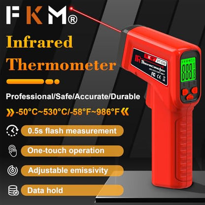 FKM Laser Thermometer Gun Non-Contact Infrared Temperature Gun,-58°F~986°F(-50°C~530°C) AdjustableEmissivity,Digital Thermometer Gun for Industrial,Kitchen Cooking,Oven,Automotive,HVAC,Not for Human - style: -58°F~986°F