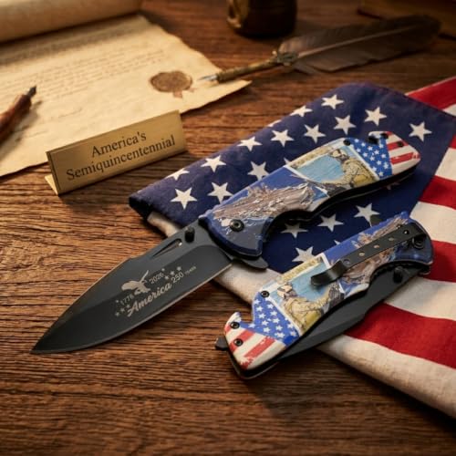 Snake Eye Tactical Folding Pocket Knife - God Bless America 250th Anniversary Patriotic Design - Metal Handle with Pocket Clip (Troop With USA Flag) - color: Troop With USA Flag
