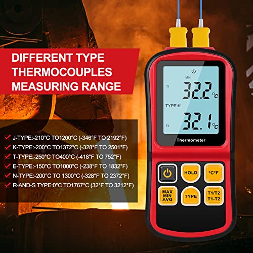 Leaton Digital Thermometer Dual Channel Thermometer Temperature Thermometer with Two K-Type Thermocouple Probe Backlight LCD K Type Thermometer for K/J/T/E/R/S/N Thermocouple