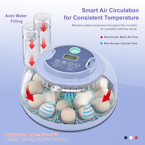 18 Egg Incubator for Hatching Chicks, Automatic Egg Turner Holds 18 Eggs, Smart Incubator 360° Clear Window with Temperature and Humidity Display Egg Candler for Small Poultry Ducks Quails Eggs