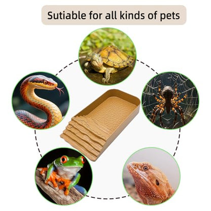 3 PCS Reptile Water Dish with Climbing Ramp Leaf Reptile Water Bowl Amphibians Habitat Yellow Tortoise Food Bowl for Turtle Gecko Bearded Dragon Lizard (Yellowish-Brown) - color: faint yellow