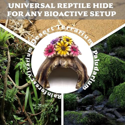 Humid Hide for Leopard Gecko – Resin Reptile Hide with Artificial Flowers, Tree Stump Cave for Crested Gecko Corn Snake Juvenile King Snake, Terrarium Decor Accessory (7.3"x6.7"x5.5")