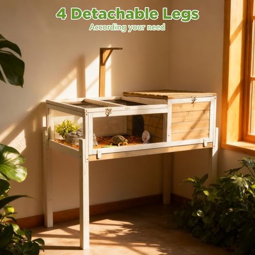 Standing Tortoise Habitat with Lamp Holder in Indoor & Outdoor, Wooden Turtle Enclosure Table with Detachable Legs, Leakproof Tray, Openable Roof for Tortle, Lizard, Chameleon, Grey - size: 37"L x 23"W x 32"H