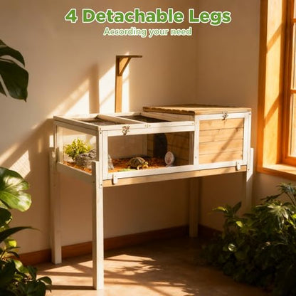 Standing Tortoise Habitat with Lamp Holder in Indoor & Outdoor, Wooden Turtle Enclosure Table with Detachable Legs, Leakproof Tray, Openable Roof for Tortle, Lizard, Chameleon, Grey - size: 37"L x 23"W x 32"H