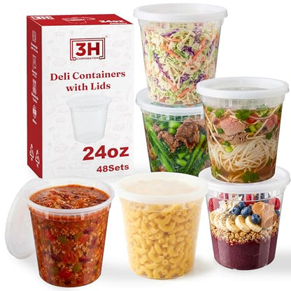 24oz Deli Containers with Lids (48 Set/96 Pcs) Food Storage Containers, Freezer Microwave Safe, BPA-Free Plastic, Stackable Snack Airtight Soup Leakproof Leftover Organizers & To-Go - size: 24 oz - 48 Sets