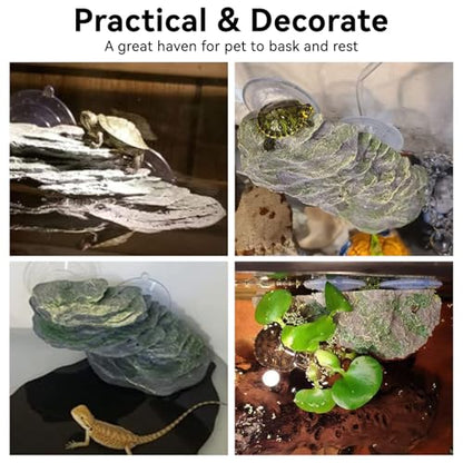 Turtle Basking Platform with Suction Cup, Resin Baby Tortoise Climbing Ramp Rock for Aquarium, Resting Terrace Stone Reptile Dock Ornament for Terrapin Lizard Frogs Newts Tank