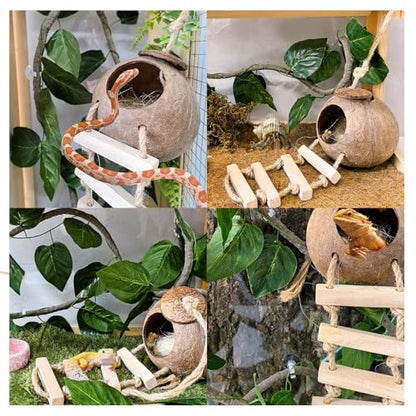 Tfwadmx Crested Gecko Coconut Hide,Leopard Gecko Coco Hut Hideout Cave with Ladder,Reptile Hanging Coconut Hut & Climbing Vine,Ideal Habitat Accessory for Hermit Crab, Snake,Lizard
