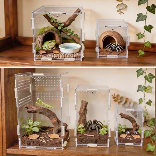 Portable Travel Jumping Spider Enclosure, Acrylic Terrarium for Spider, Magnetic Lock Spider Habitat & Small Terrarium Ventilated for Tarantula,Mantis,Frog,Insect Enclosure cage(5.9×5.9×5.9 Inch) - size: 5.9×5.9×5.9 Inch