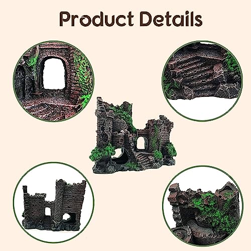 5 PCS Tank Accessories for Bearded Dragon Include Resin Classical Castle Reptile Climb Habitat Decor Hanging Jungle Vines Flexible Leaves Climbing Decor for Lizard Gecko Chameleon Spider