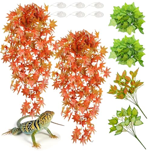 BNOSDM Reptile Plants Habitat Decorations with Suction Cup Terrarium Hanging Plant Bearded Dragon Tank Accessories Artificial Leaves Reptile Hide for Lizard Snake Leopard Gecko Chameleon (Red) - color: Red