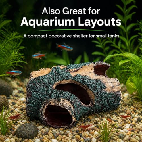 Faux Log Reptile Hideout & Aquarium Cave, Small Lizard Hide for Terrarium and Fish Tank Decor, Multiple Openings, Textured Bark Ornament for Gecko, Shrimp & Small Fish, 5.1 x 3.5 x 2.4 in