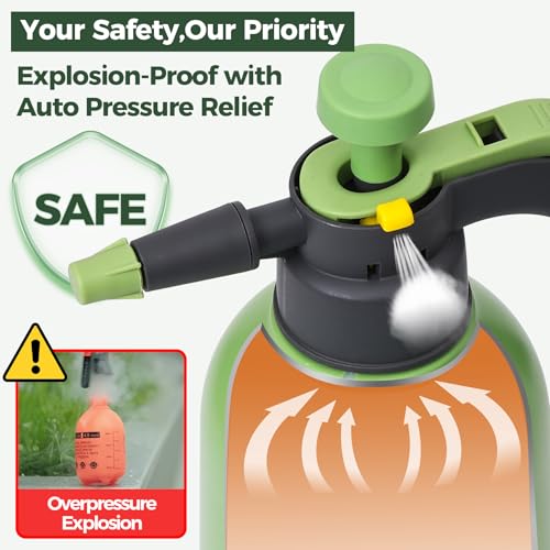 Hand Pump Sprayer 1/2 Gallon, Garden Pump Spray Bottle for Plants, Pressure Sprayer Bottle in Lawn and Garden Yard, Weed Chemical Sprayer with 2 Nozzle & Safety Pressure Relief Valve (2L/0.5Gal)