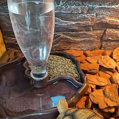 Automatic Reptile Water Dispenser and Feeding Bowl Set, Portable Dark Brown Turtle and Lizard Waterer with Reservoir for Terrarium Tank Accessories