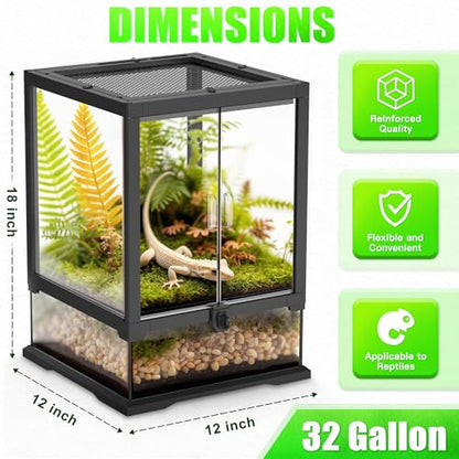 12’’x 12’’x 18’’ Reptile Terrarium with Full View Tempered Glass, 10 Gallon Reptile Habitat Comes with Mesh Top Vent, Suitable for Small Reptiles Such as Gecko, Snake, Frog and Mantis - size: 12"W X 12"D X 18"H(10 Gallon)