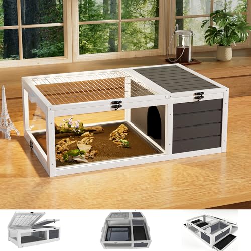 Grey Reptile Enclosure Tortoise Habitat - Wood Turtle House with and Removable Tray for Outdoor Indoor, Tortoise Enclosure with Large Window and Openable Top for Turtles, Lizards, Geckos - color: Grey