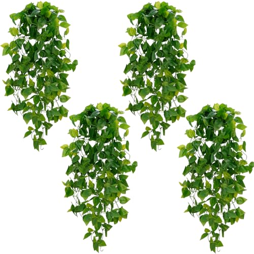 BLEUM CADE Fake Hanging Plants, 4pcs Artificial Pothos Vines Greenery for Wall Home Living Room Office Indoor Outdoor Decor (No Baskets) - color: Pothos Ivy Vines, size: 4pcs