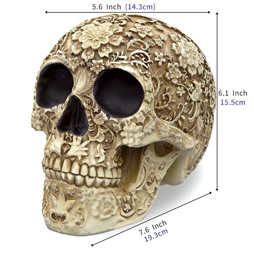 READAEER Life Size Skull Resin Floral Human Skull Model Adult Head Bone Model Day of The Dead Décor - style: Floral
